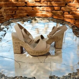 Y. Not? Women's size 8M Beige cork wedged strappy heels. SEE Pics